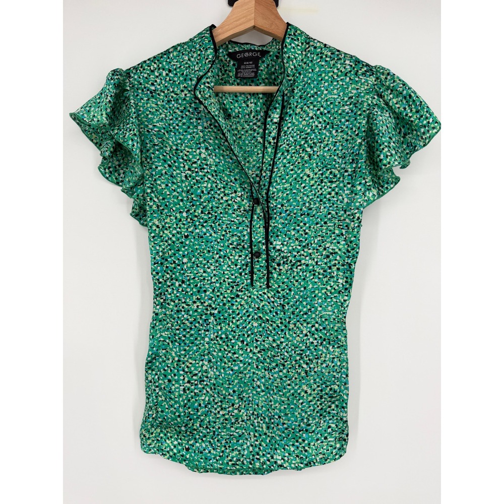 George Y2K Green Satin Babydoll Blouse Size M Flutter‎ Sleeve Ties Back